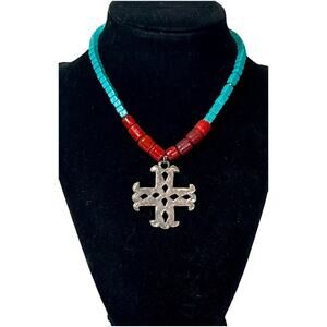 VTG Native American Turquoise & Red Coral Cross Necklace Sterling Silver Pendant
